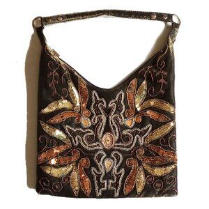Beaded Sequined Soft Shoulder Bag Purse Brown Bronze Gold  50OFF3